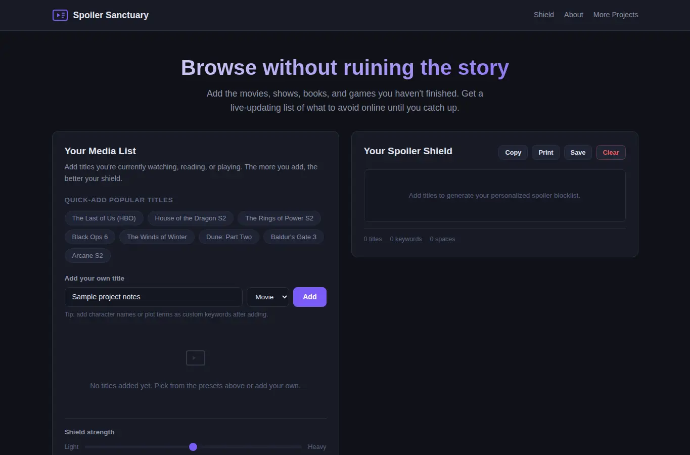Screenshot of Media Spoiler Sanctuary interface showing the project page in use